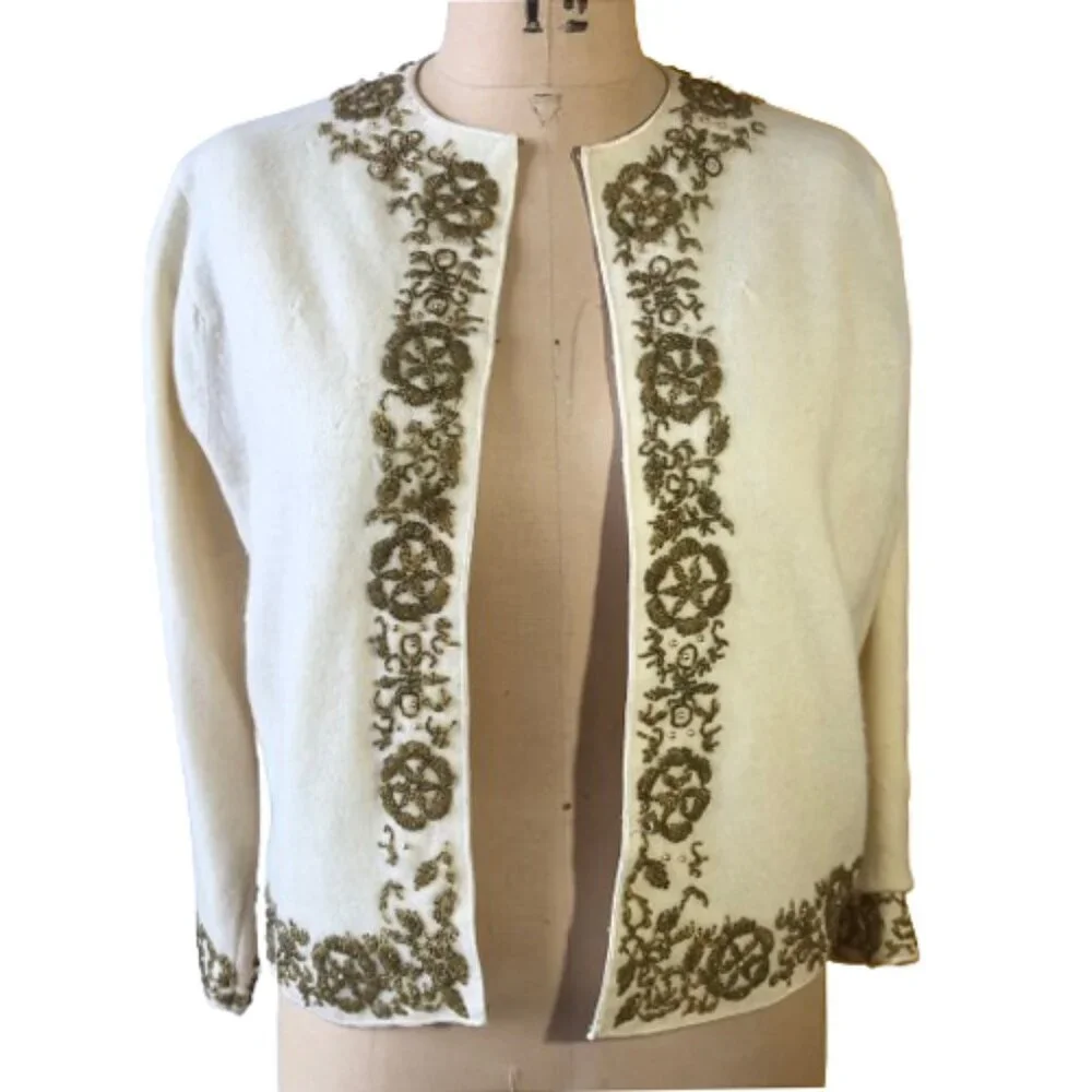 Vintage  rockabilly cashmere hand beaded cream cardigan sweater - Picture 4 of 16